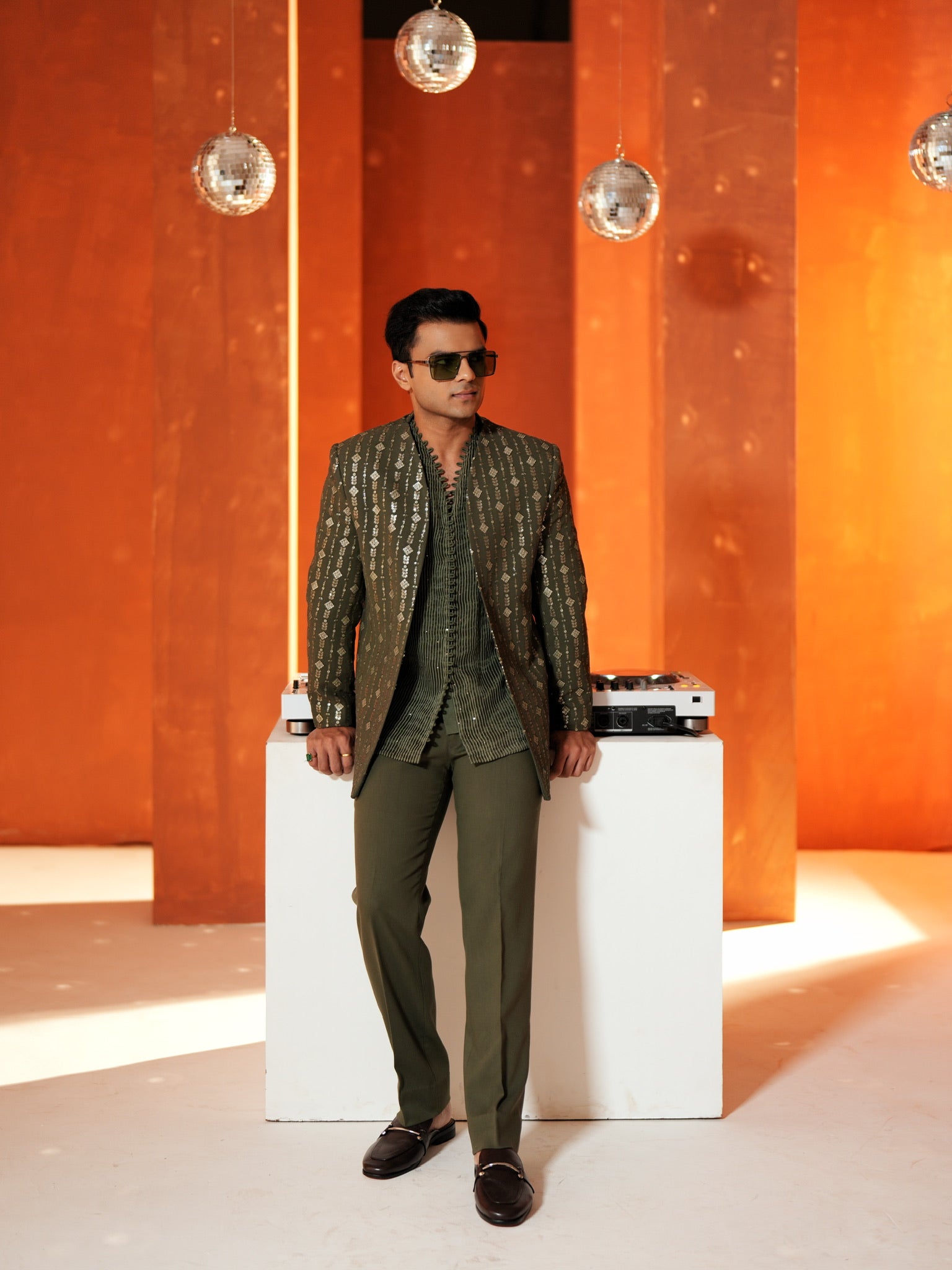 Olive Striped Embroidered Set