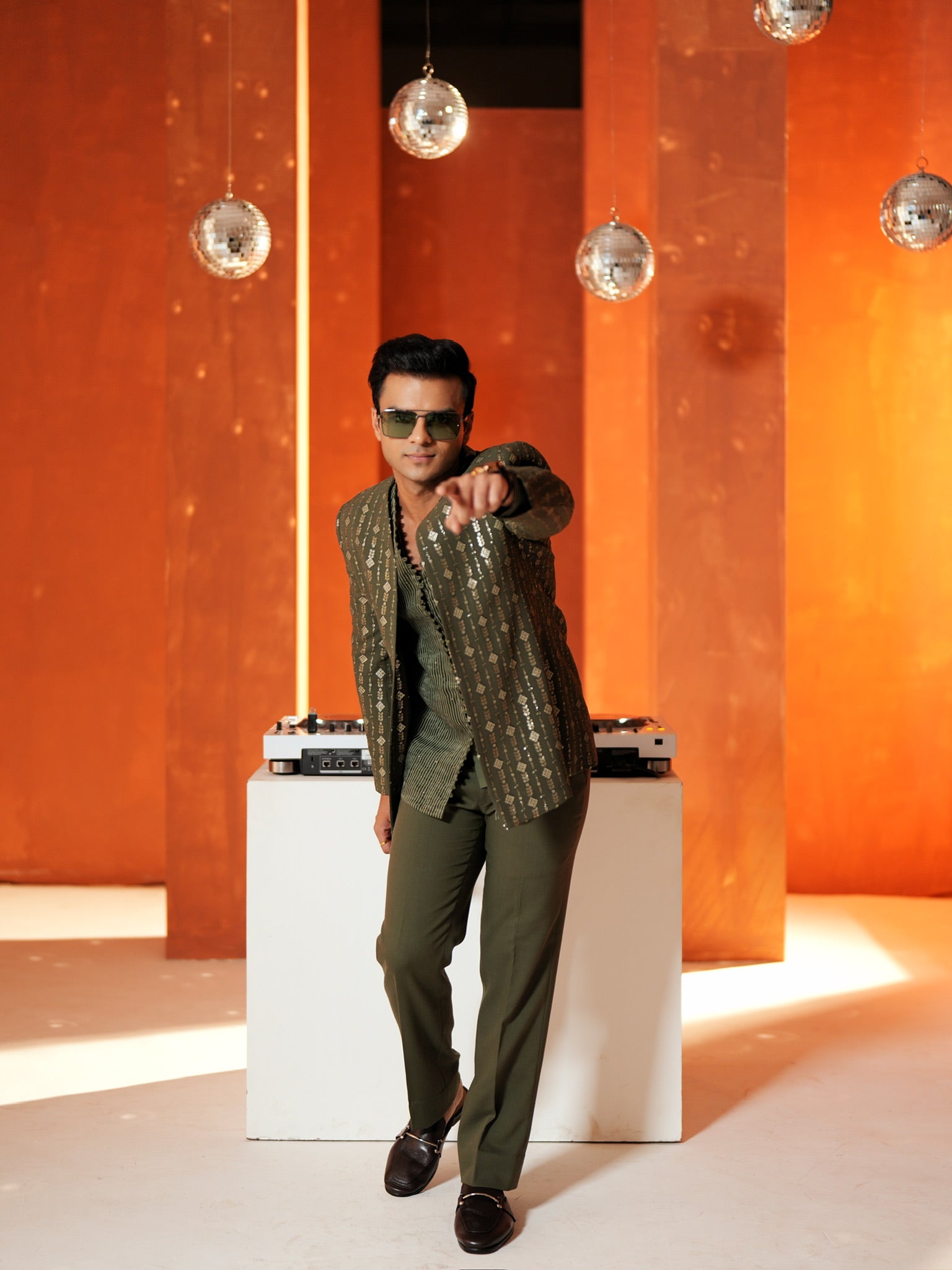 Olive Striped Embroidered Set