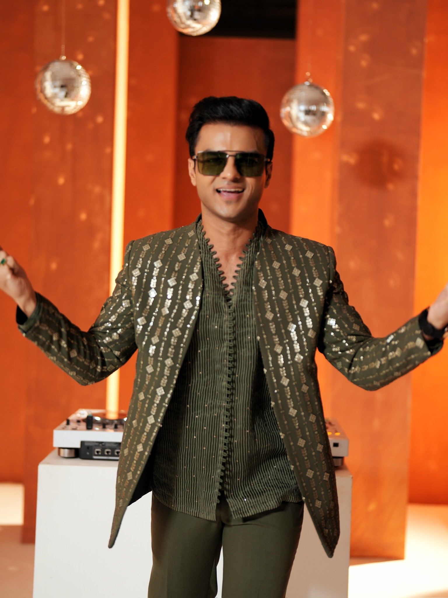 Olive Striped Embroidered Set