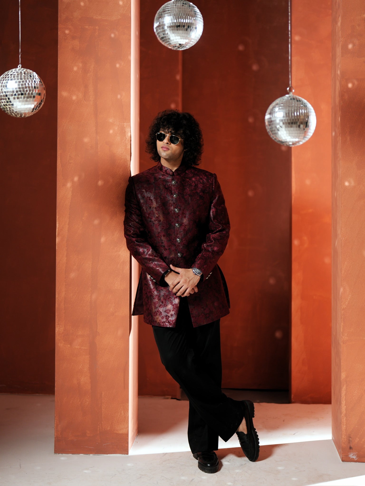 Red Textured Bandhgala