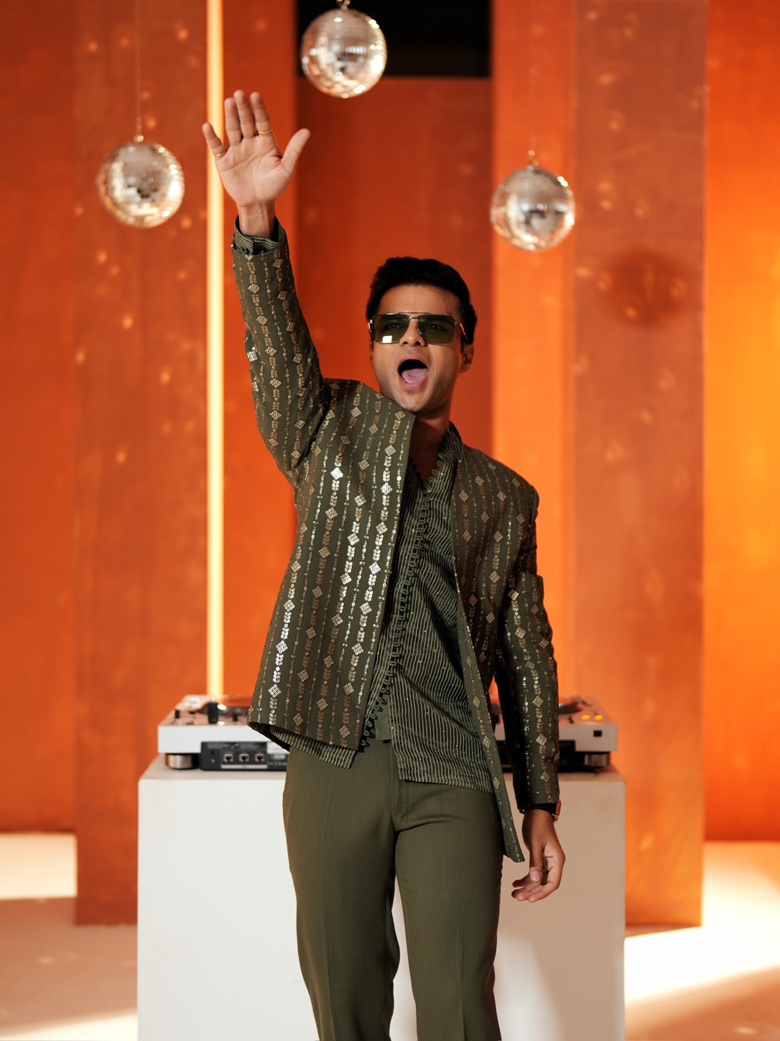 Olive Striped Embroidered Set