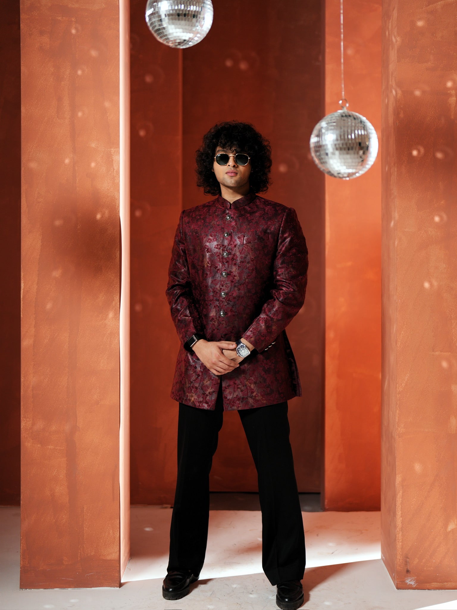 Red Textured Bandhgala