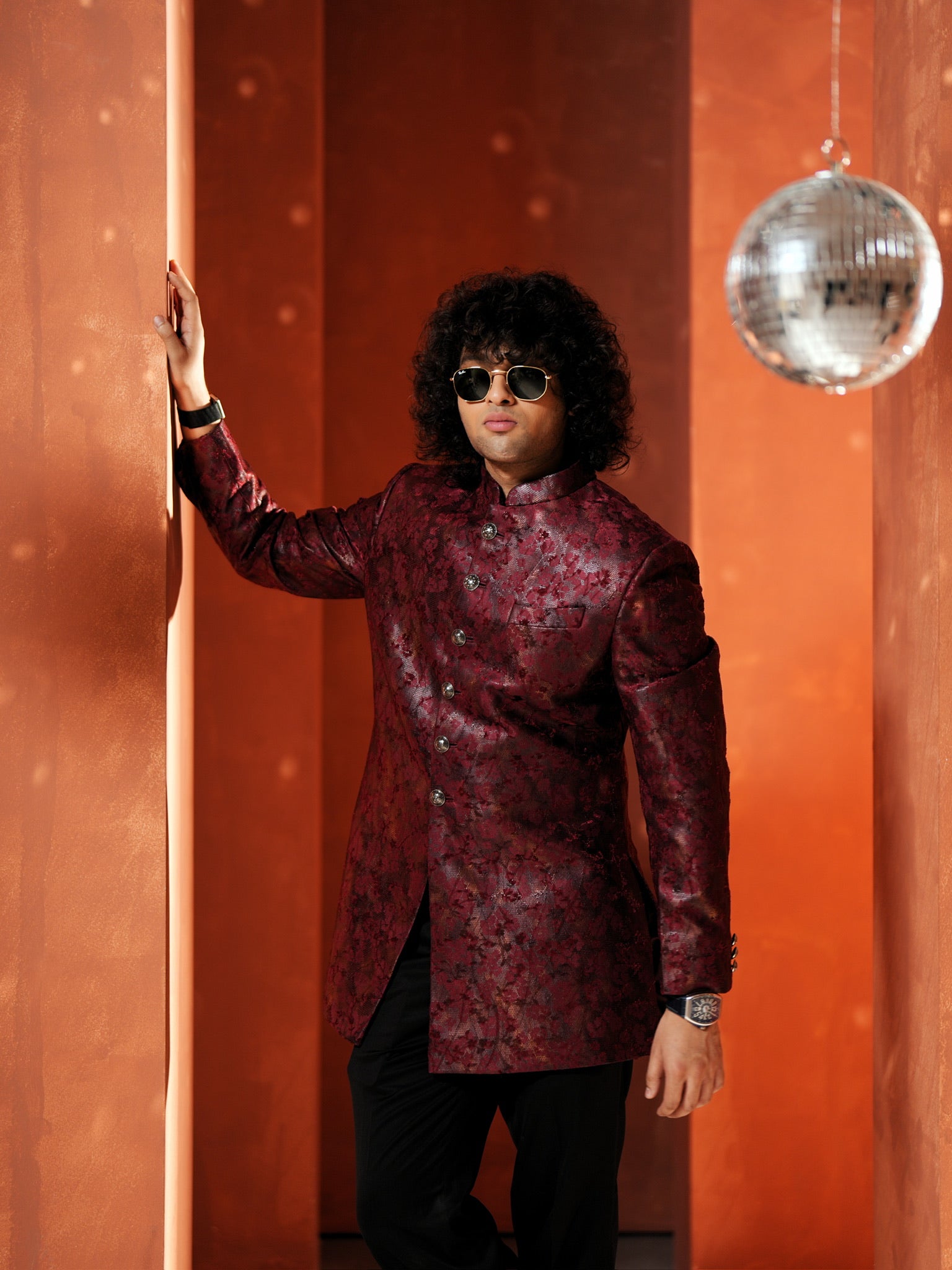 Red Textured Bandhgala