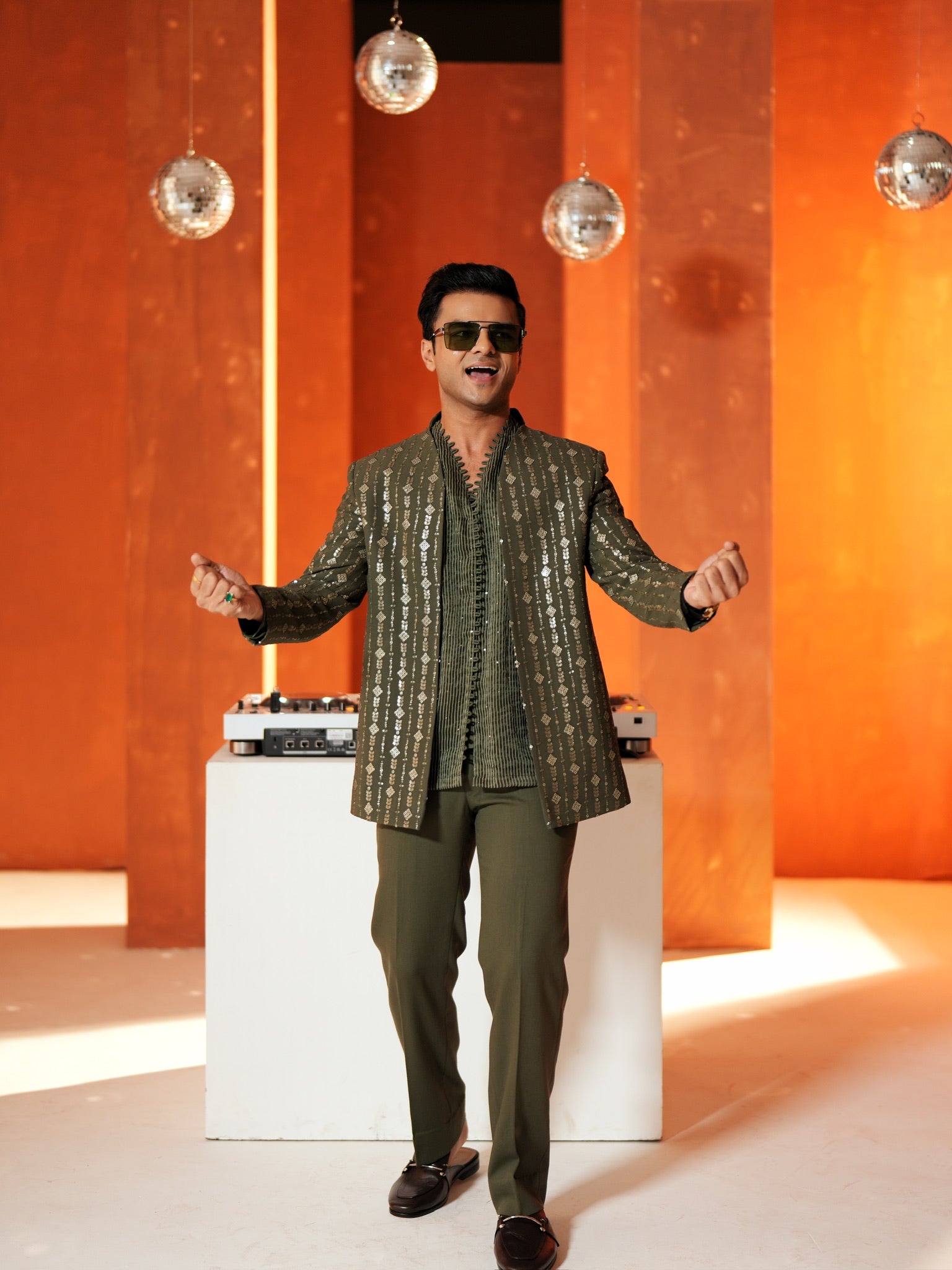 Olive Striped Embroidered Set