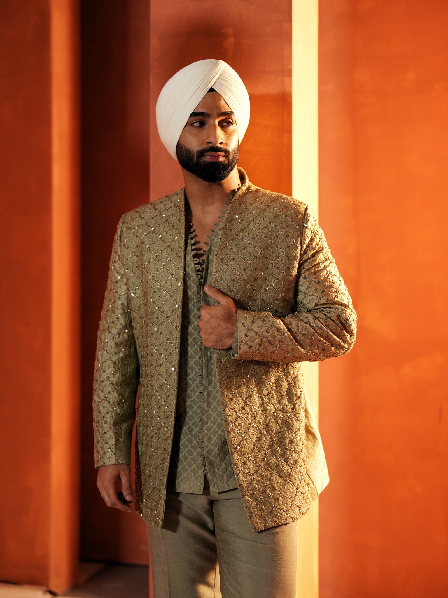 Olive And Gold Embroidered Set