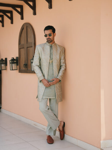 Olive Embroidered Indowestern - Image 3