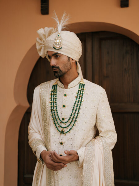 Cream Embroidered Sherwani - Image 3